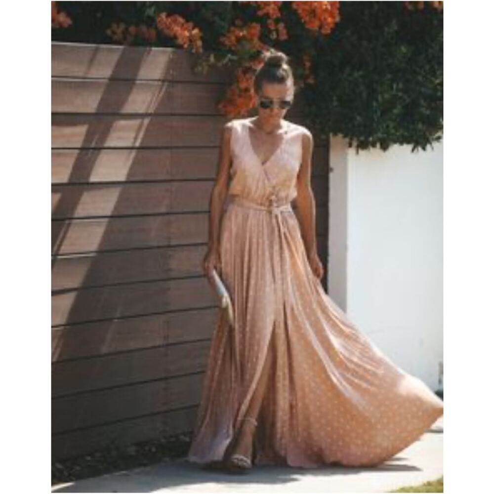 ViCi Blush V-Neck Pink & White Polka Dot High Tie Slits Maxi Dress Size Medium